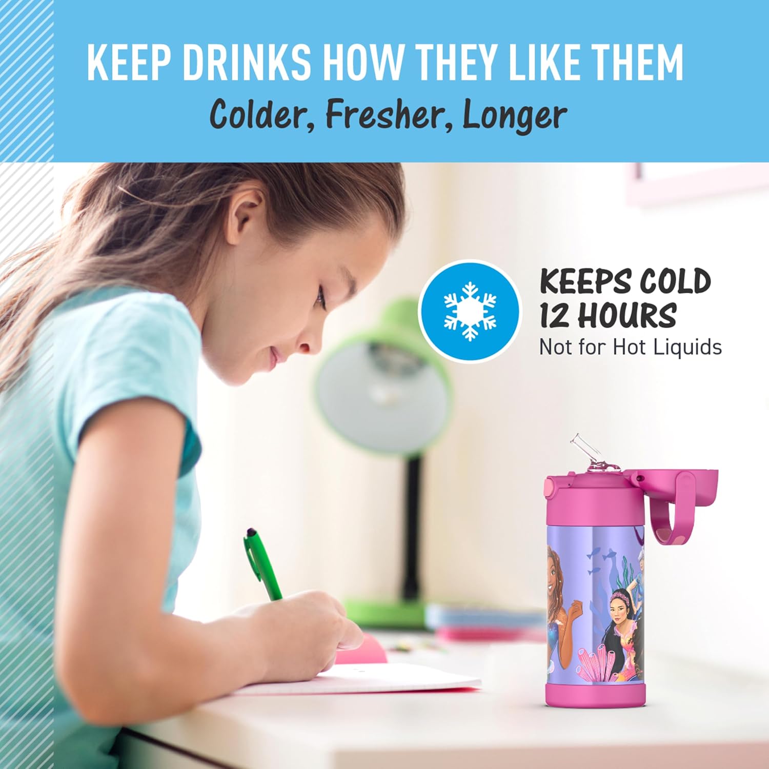 THERMOS FUNTAINER 12 Ounce Stainless Steel Kids Straw Bottle - Insulated, Little Mermaid Design