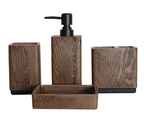 Hymmah Wood Grain Design Bathroom Accessories Set,Farmhouse Bathroom Decor,4 Pcs Resin Gift Set Apartment Necessities, Contain Cotton Swab Jar,Soap Dispenser,Tumbler，Soap Dish/Tray