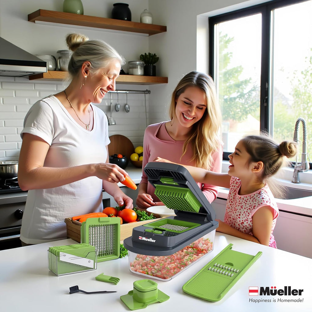 Mueller Pro-Series 10-in-1 Vegetable Chopper - 8 Blades for Easy Dicing, Slicing & Mincing | Gray/Green