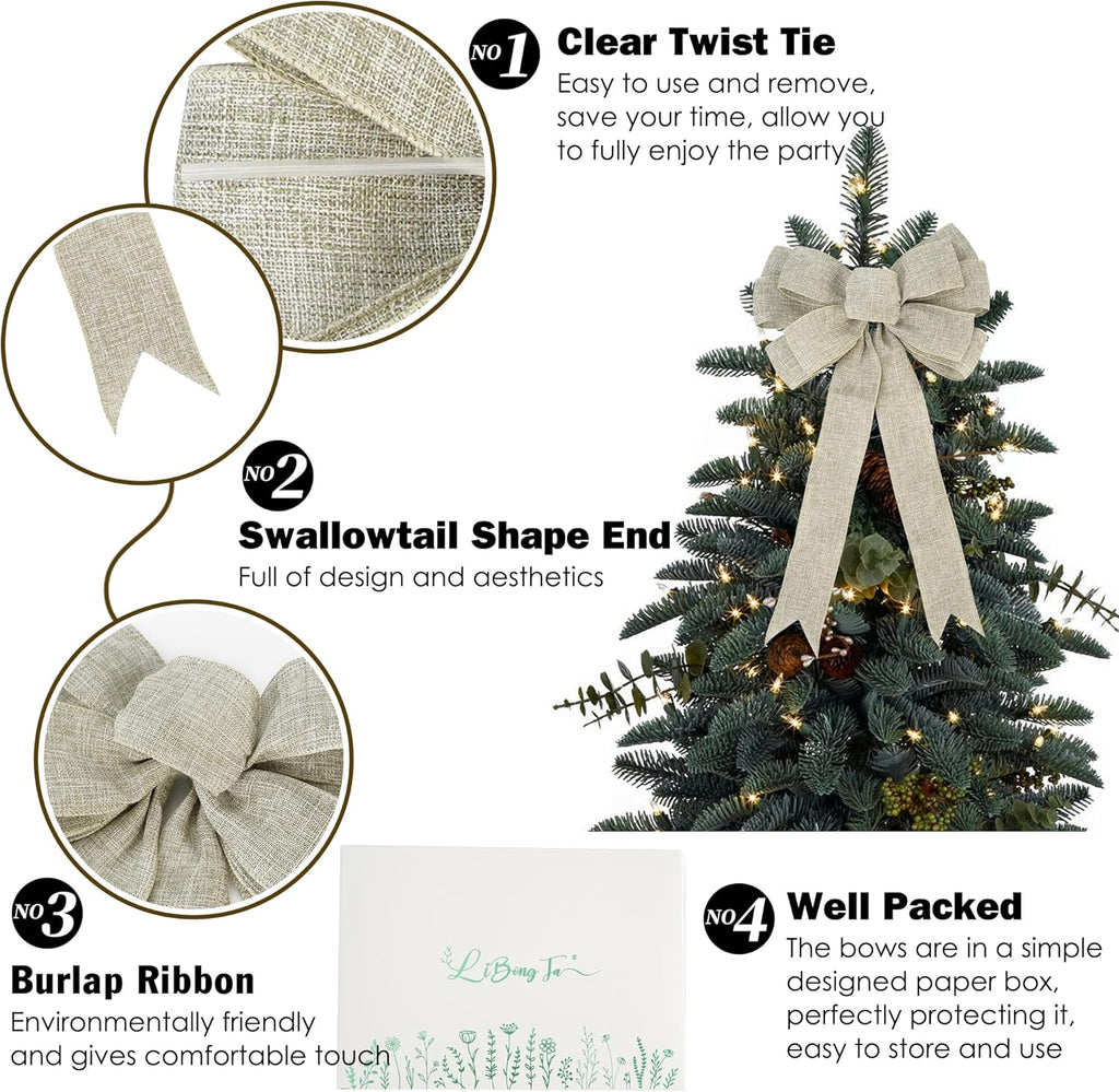 Regine Switzerland 13-Inch Burlap Wired Ribbon Bow - Rustic Christmas Tree Topper & Gift Decoration