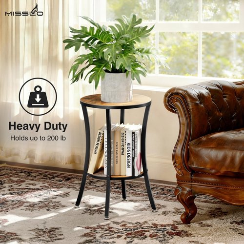 MISSLO Round End Table Living Room 2-Tier Small Side Table Sturdy Small Accent Tables Nightstand for Living Room, Bedroom, Brown