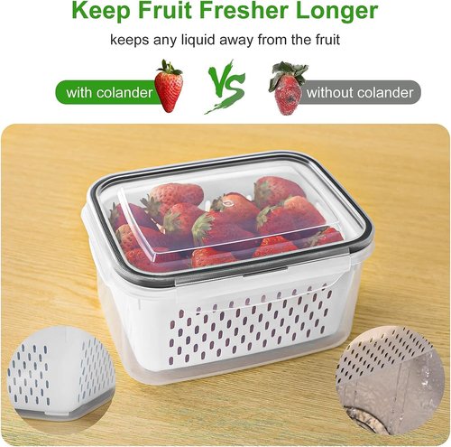 Freshmage Fruit Storage Containers - Airtight Produce Saver with Removable Colander | 4 Pcs Clear, Dishwasher Safe