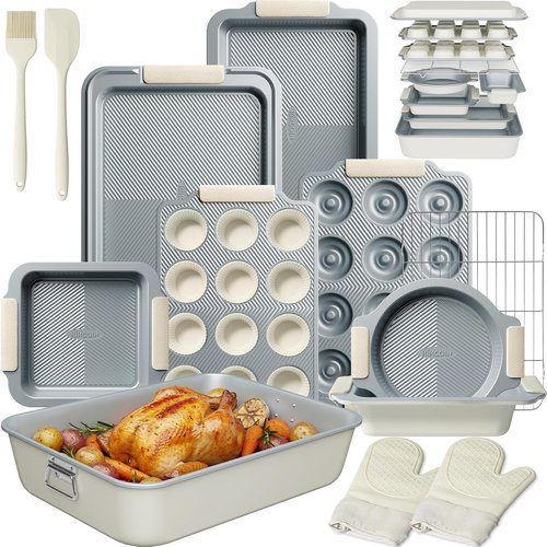 Kikcoin 25 PCS Non-Stick Baking Pans Set - Heavy-Duty Silicone Handle Bakeware | Oven Safe to 450°F, Cream