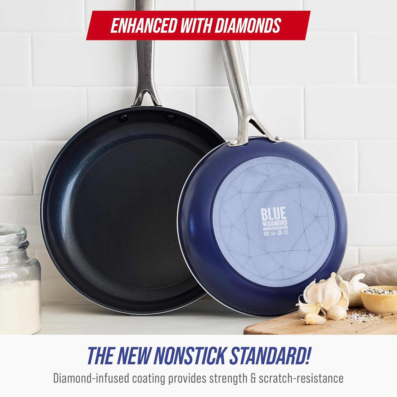 Blue Diamond Frying Pan Skillet Set - 9.5” & 11" Nonstick Ceramic, PFAS-Free, Durable & Dishwasher Safe, Blue