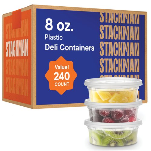 [240 Sets - 8 oz.] Clear Plastic Containers with Airtight Lids - Deli Food Storage, Slime, and More - Bulk Pack - Small Containers with Lids - 240/Case - Stack Man Brand