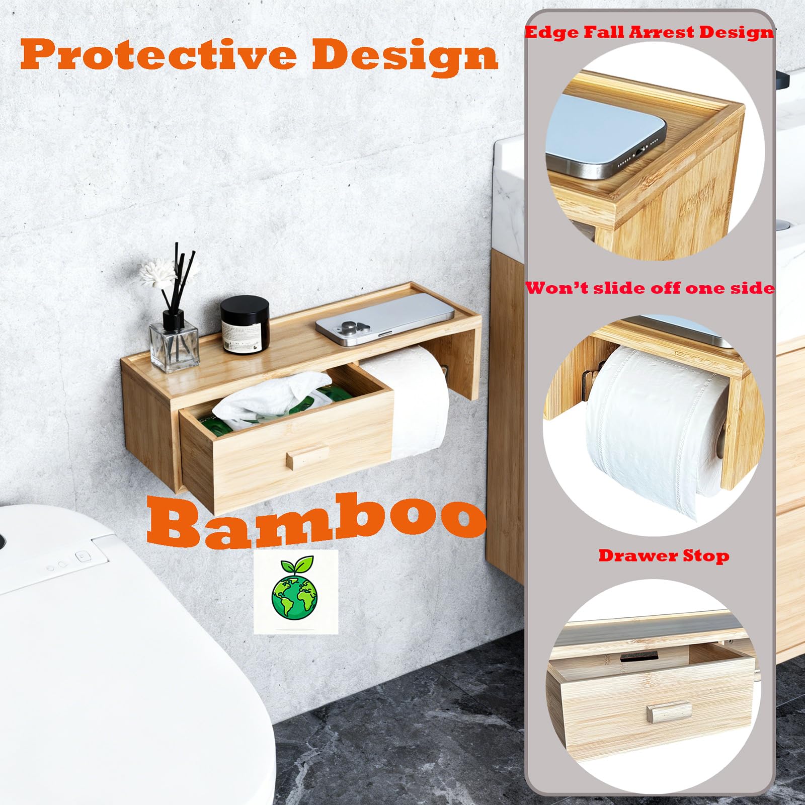 Bamboo Toilet Paper Holder with Shelf,Wall Mount Bathroom Holder with Wet Wipes Storage Drawer(Natural)