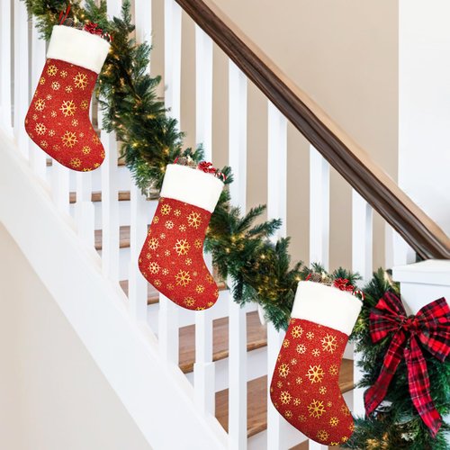 24PCS Bulk Christmas Stockings,18"Large Red Velvet with White Plush Cuff Xmas Stocking,Felt Flannel Faux Fur Stockings with Golden Snowflakes,Thickened Christmas Stockings Bulk for Fireplace Mantel