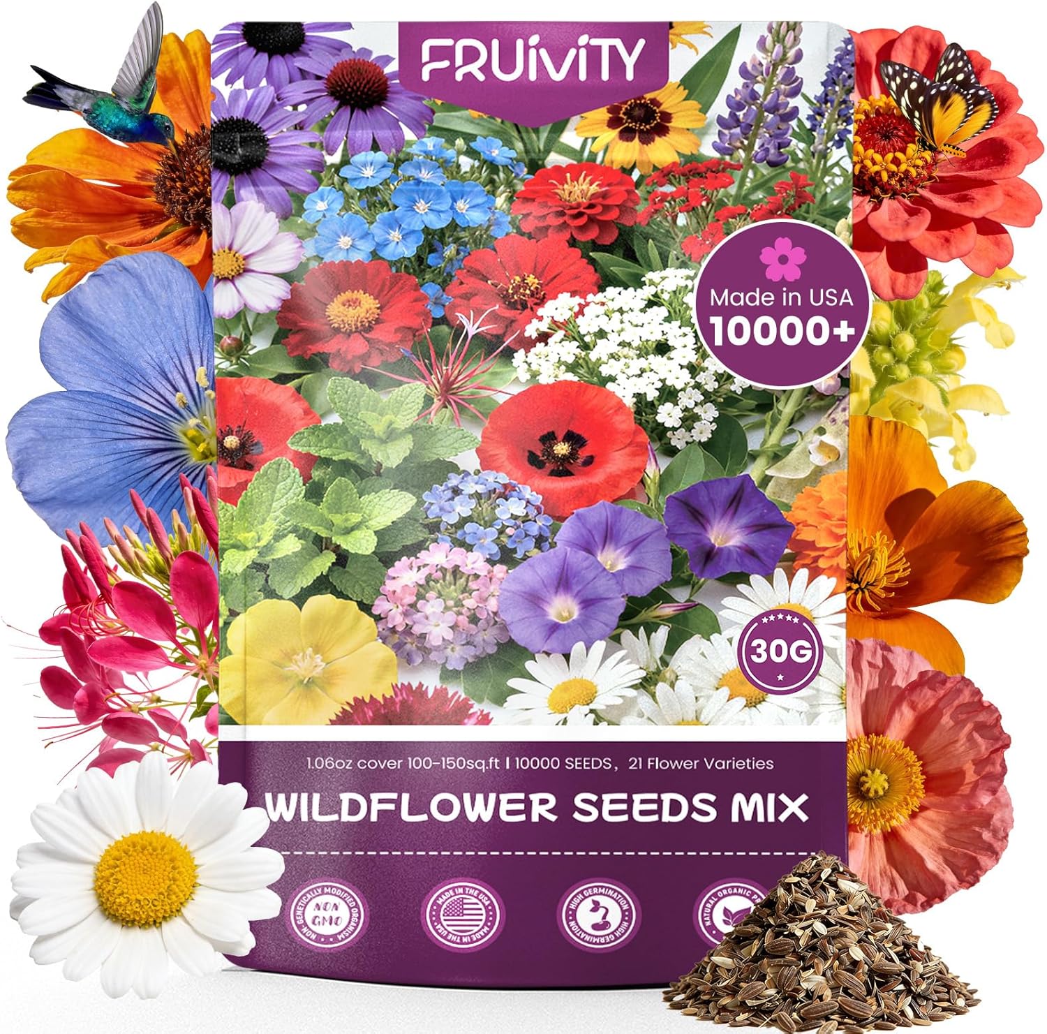 Wildflower Seeds - 10,000+ Bulk Butterfly & Hummingbird Mix | 21 Varieties of Heirloom Perennials & Annuals