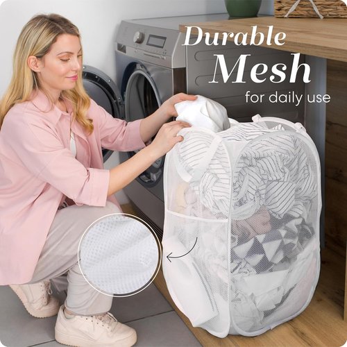 Handy Laundry Collapsible Mesh Pop-Up Hamper - 2-Pack, Space-Saving Design with Side Pocket, Durable & Breathable (White)