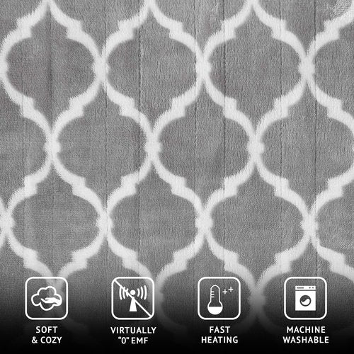 Beautyrest Ogee Printed Plush Electric Blanket for Cold Weather, Fast Heating, Auto Shut Off, Virtually Zero EMF, Multi Heat Setting, UL Certified, Machine Washable, Grey Oversized Throw 60x70