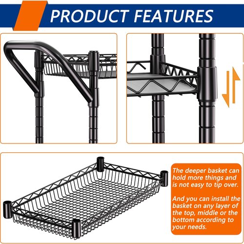 3 Tier Heavy Duty Rolling Utility Cart,18" D x 23.8" W x 36.6" H Rolling Carts with Wheels,Commercial Grade Metal with Handle Bar & Shelf Liner,Trolley Serving Storage Cart for Kitchen Black