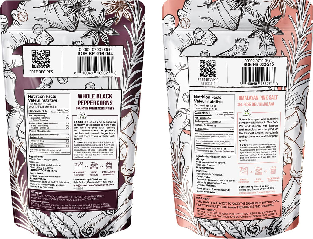 Soeos Whole Black Peppercorns & Himalayan Pink Salt Set - 12oz Black Pepper & 2lb Pink Salt