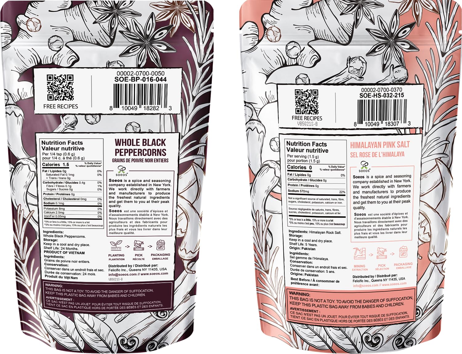 Soeos Whole Black Peppercorns & Himalayan Pink Salt Set - 12oz Black Pepper & 2lb Pink Salt
