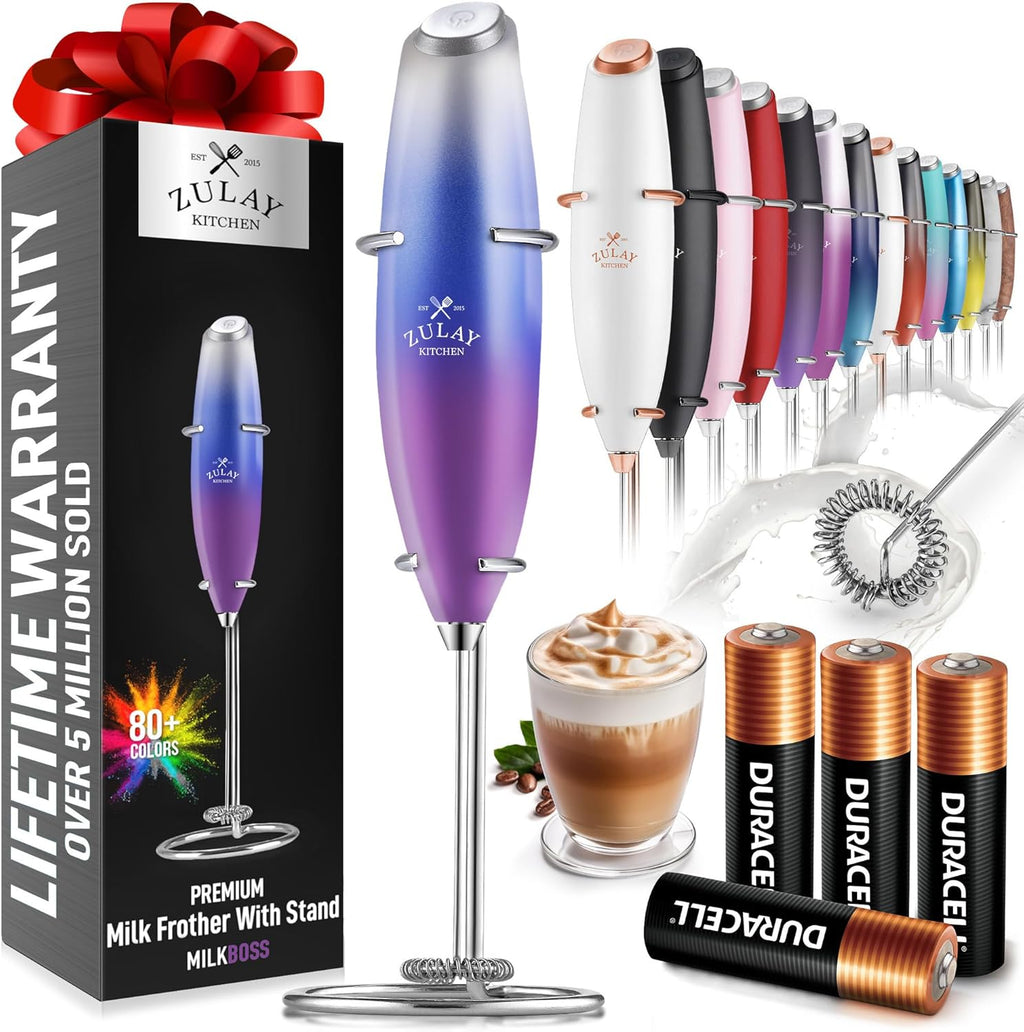 Zulay Kitchen Milk Frother Wand - Ultra-Fast Handheld Electric Whisk for Coffee & Lattes - Includes 4 AA Batteries