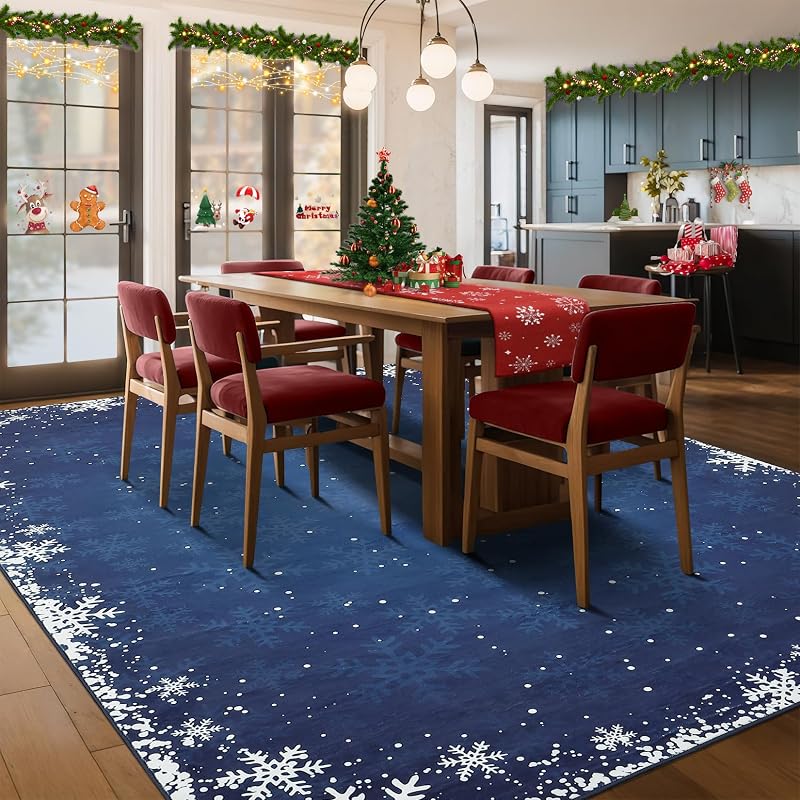 5' x 7' Xmas Snow Blue Non-Slip Area Rug - Machine Washable Holiday Living Room Carpet