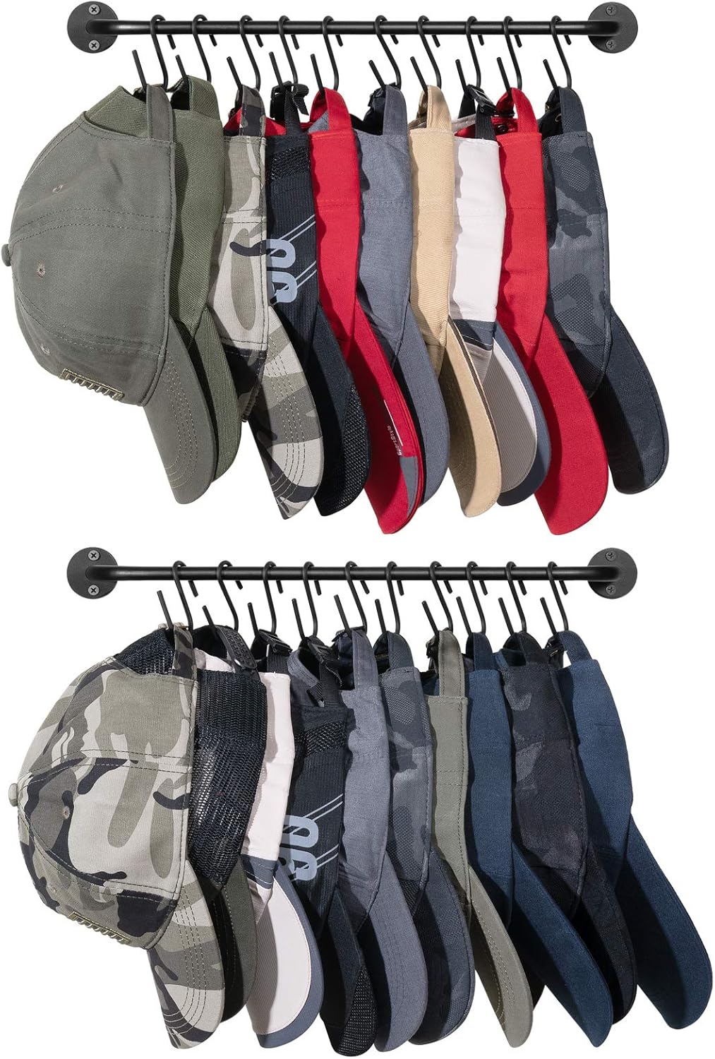 Mkono Hat Rack - Modern Wall-Mounted Baseball Cap Organizer with 20 Hooks | Set of 2 Black