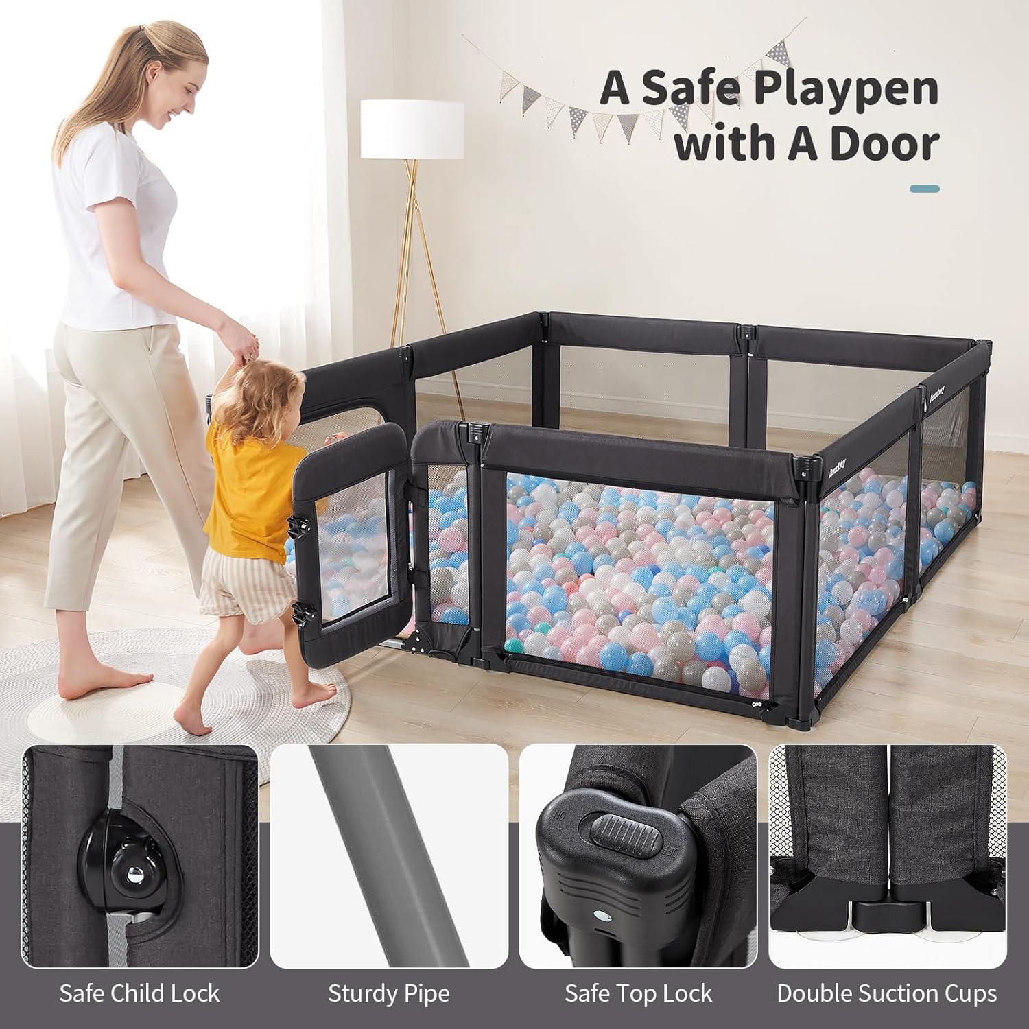Skiennix Baby Playpen - Foldable Adjustable Play Yard with Door | Heavy-Duty Toddler Playpen, Black
