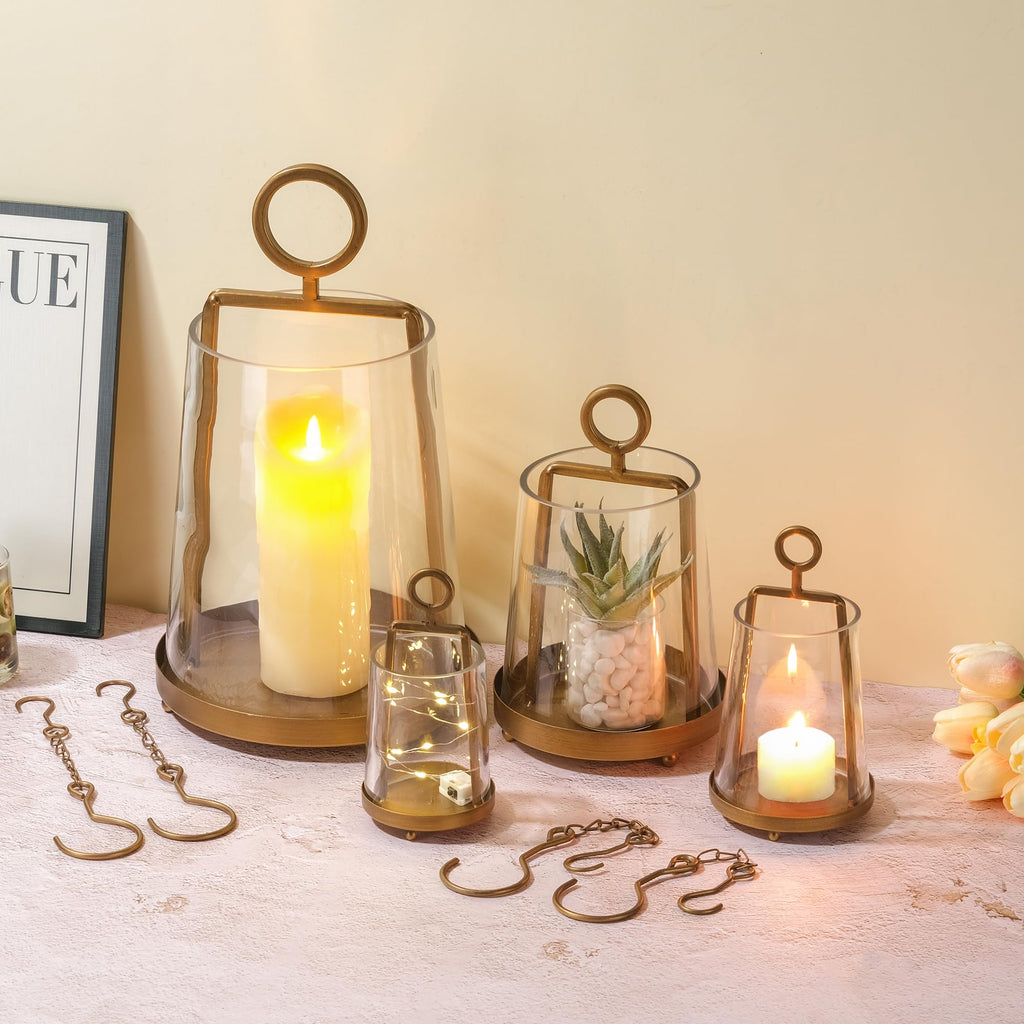 Twakutwaku 6" Wide Modern Farmhouse Metal Hurricane Candle Holder with Handmade Sturdy Glass Sleeve in Antique Brass for Pillar Candle & Plants, Glass Hurricane Lantern, Industrial, Minimalistic