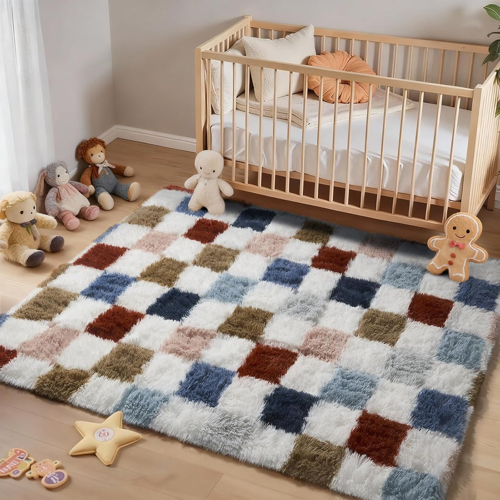 Ophanie Checkered Rainbow Rug - Colorful Fluffy Shag Area Rug for Living Room & Bedroom | 4x6 Furry Carpet