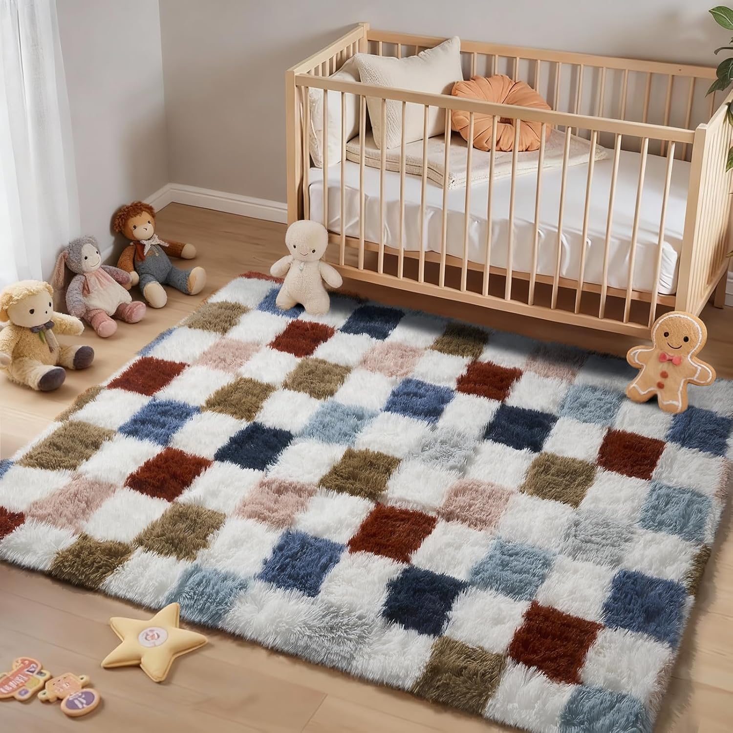 Ophanie Checkered Rainbow Rug - Colorful Fluffy Shag Area Rug for Living Room & Bedroom | 4x6 Furry Carpet