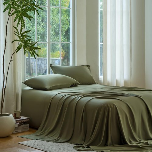 DOZ Sheet Set, 100% Viscose derived from Bamboo, Organically Grown, Buttery Soft, Cooling Sheets, High GSM, Deep Pockets - 3 Piece - 2 Pillowcases 1 Fitted Sheet (Olive, Queen)
