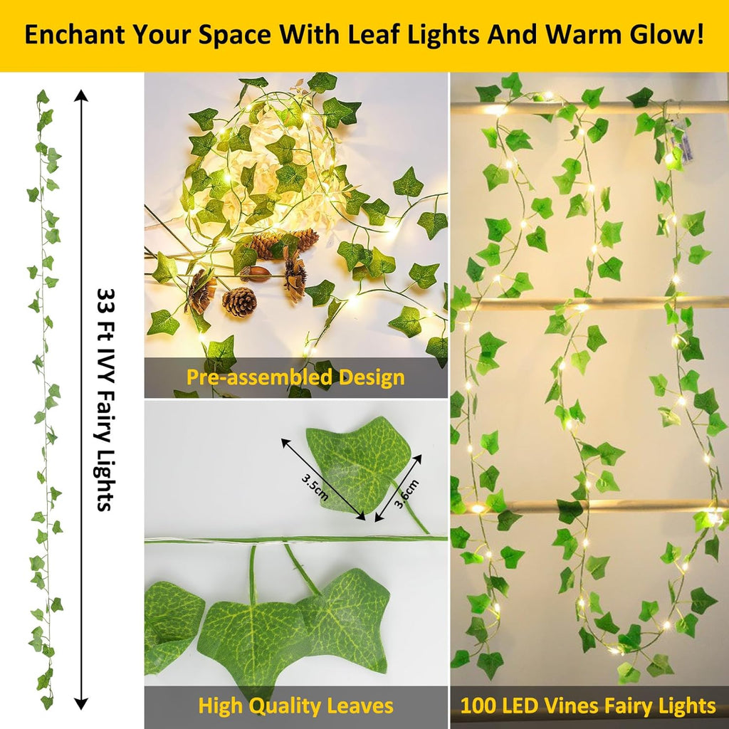 Skiennix Ivy String Lights - 33Ft Battery Operated 100 LED Fairy Lights with Remote | Warm White for Bedroom & Garden Decor
