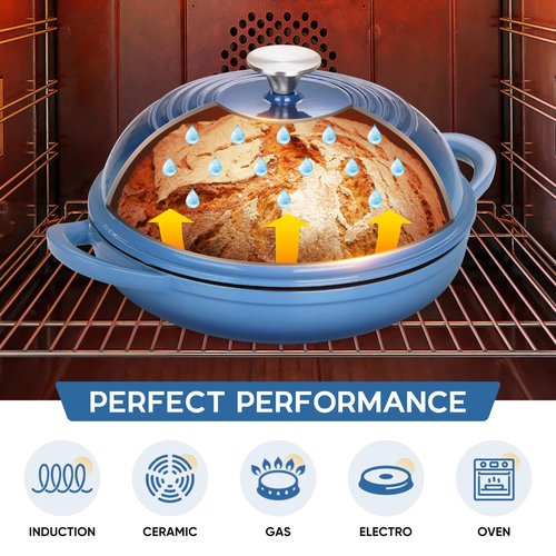 E-far Dutch Oven for Sourdough Bread Baking, 6 Qt Round Enameled Cast Iron Dutch Oven for Homemade Artisan Bread, Dome Lid & Shallow Base, Matte Black Interior & Durable, Oven-Safe to 500℉, Blue