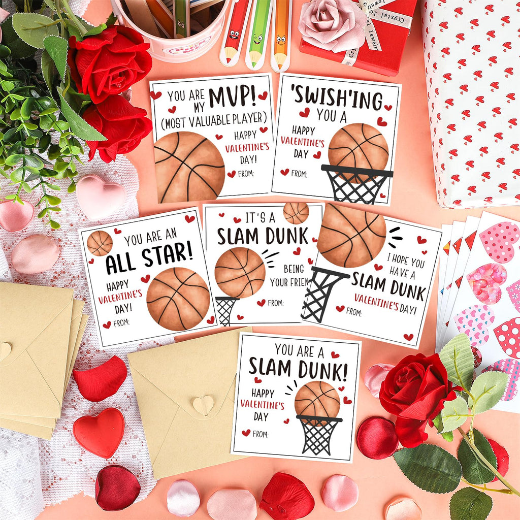 Hedeey 48 Pack Valentines Day Cards for Kids Classroom Basketball Valentine's Day Exchange Greeting Cards with Envelopes and Heart Stickers for Kids Classroom School Party Favors 4.3 * 4.3 inch