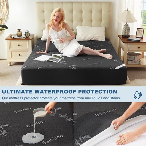 BEDLORE Queen Size Waterproof Mattress Protector - Soft Bamboo Viscose Fitted Cover | Breathable & Noiseless, Machine Washable (Gray)