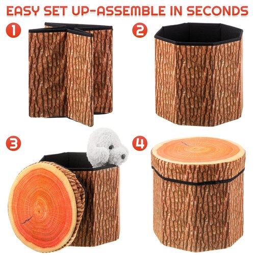 Amylove 3 Pack Tree Stump Storage Stool 12 x 12 Inch Stool Ottoman, Cute Folding Storage Toy Box with Foam Cushion, Collapsible Seat Chest (Classic)