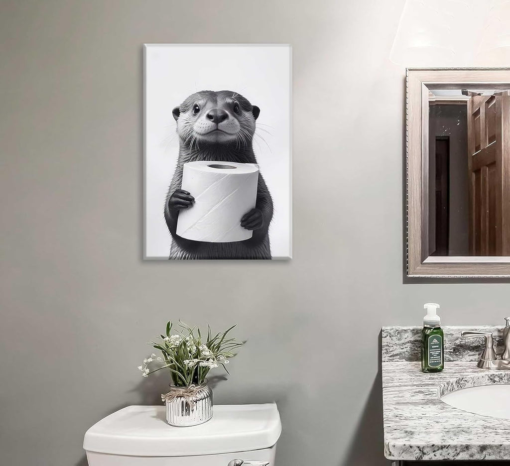 Regine Switzerland Funny Raccoon Canvas Wall Art - Black & White Farmhouse Bathroom Decor