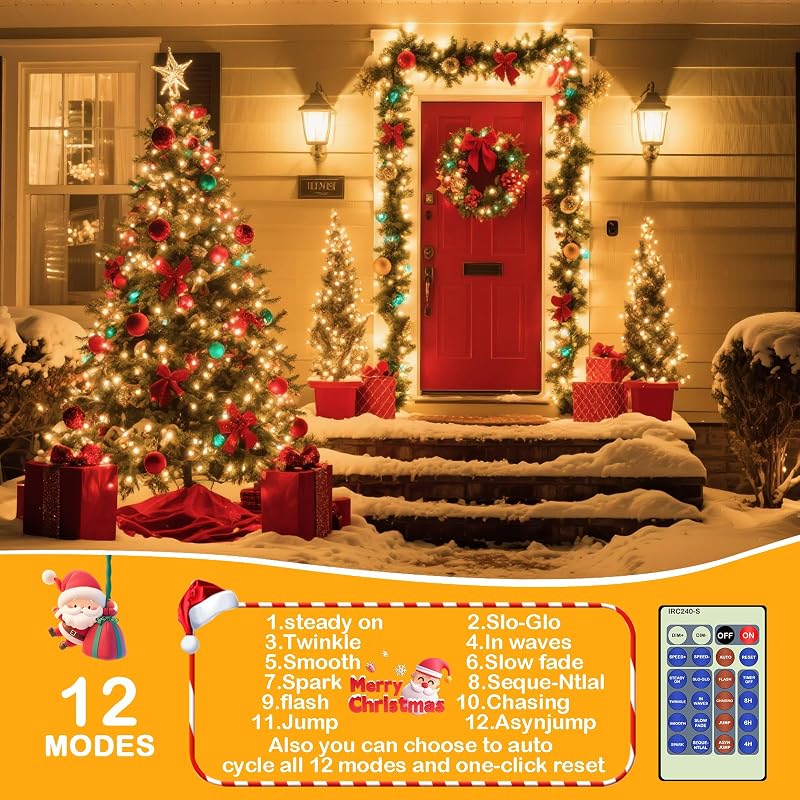 Decute 300LED 99FT Green Wire Christmas String Lights with Remote - Dimmable, UL Listed