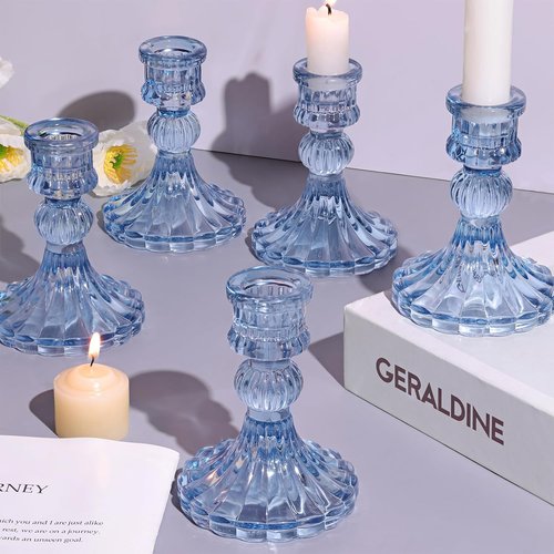 DARJEN 12PCS Blue Candlestick Holders Set - 4" Tall Glass Taper Candle Holders for Weddings & Home Decor