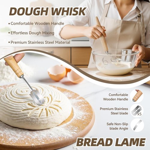 Kikcoin Bread Proofing Basket Set - 9 Inch & 10 Inch Round Sourdough Baskets with Linen Liner & Tools