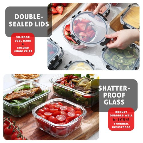 Nestl 24pc (12 Airtight, Freezer Safe Food Storage Containers and 12 Lids), Pantry Kitchen Storage Containers, Glass Meal Prep Container for Lunch, Glass Storage Containers with Lids Black
