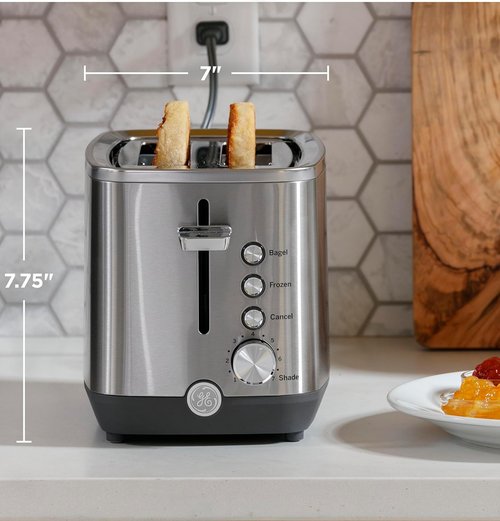 GE 2-Slice Stainless Steel Toaster - Extra Wide Slots for Bagels & Breads | 7 Shade Settings, Removable Crumb Tray