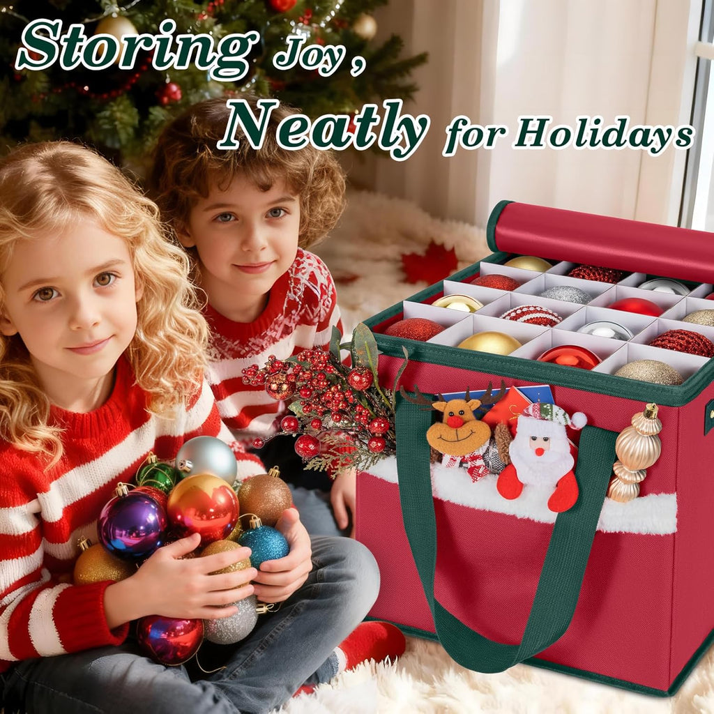 Skiennix Christmas Ornament Storage Box - Adjustable Dividers & Zippered Top | Holds 64 Ornaments (3 Inch)