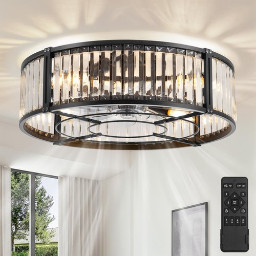 20 Inch Fandelier Ceiling Fan with Light, Crystal Chandelier Ceiling Fans, Caged Ceiling Fan with 6-Speeds, 1/2/4/8H Timer, Quiet DC Motor, Black Flush Mount Ceiling Fans for Bedroom, Living Room