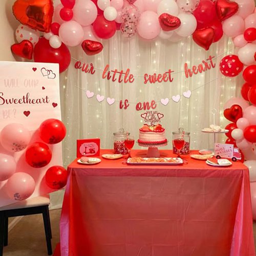 MUWEOL Our Little Sweet Heart Is One Glitter Banner - Valentine's Day Theme First Birthday Party Banner,Our Little Sweet Heart Is One Birthday Decoration (sweet heart banner)