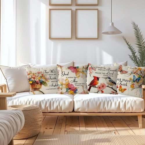 QIONG MENG Jesus Christian Pillow Covers 18 x 18 Inch Set of 4 Cardinal Butterfly Spring Summer Throw Pillowcase Floral Religious Decorative Cushion Case for Home Sofa Farmhouse Decorations