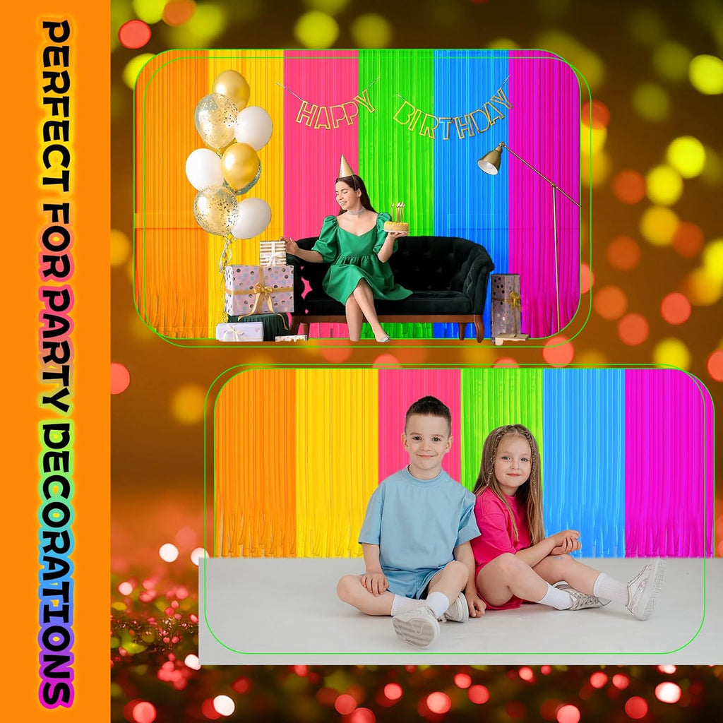 Skiennix Glow In The Dark Curtains - Colorful Tinsel Foil Fringe Backdrop | 6.6 x 3.3 Ft Party Decor