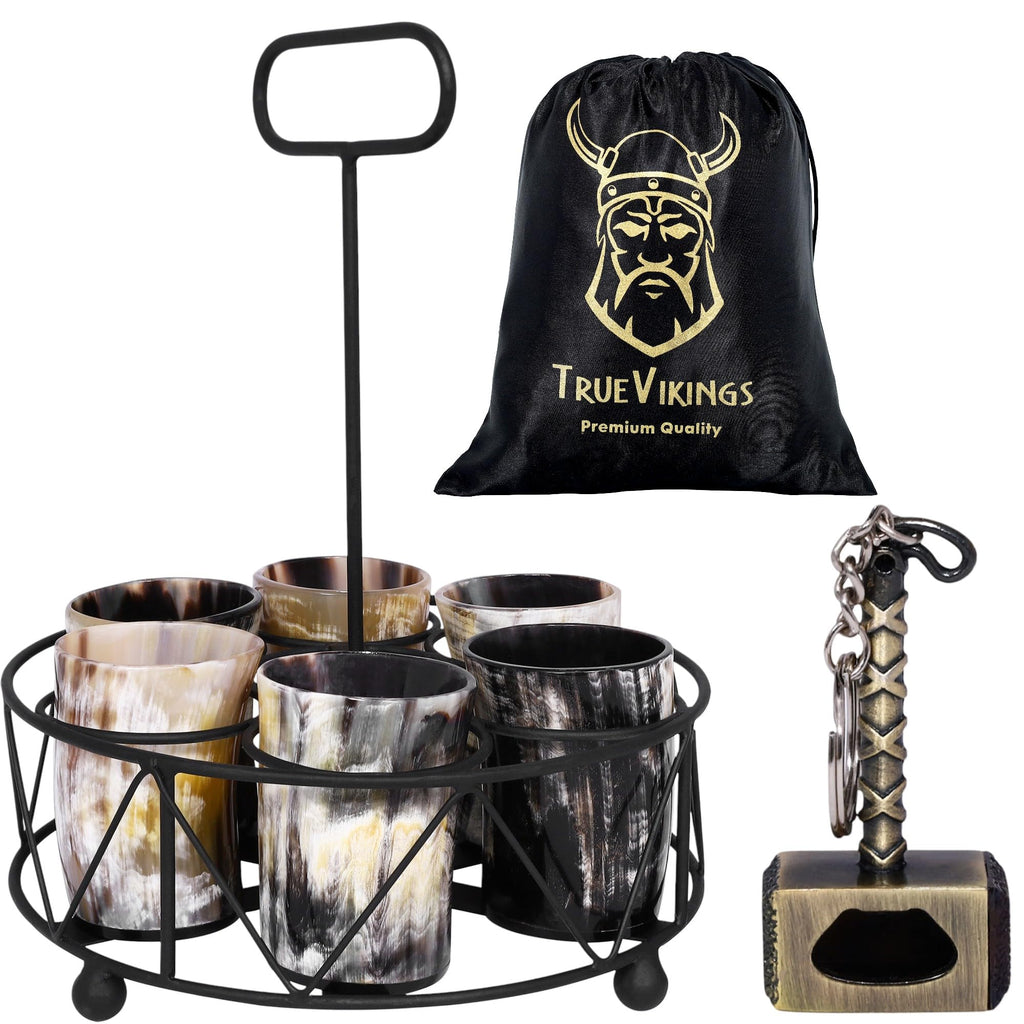 TRUE VIKING Drinking Horn Cup Set of 6 – Unique Viking Gifts for Men, Dad, Husband – Natural Ox Horn Shot Glasses with Thor Bottle Opener & Metal Caddy – Leak-Proof – For Beer, Ale, Mead (5 oz/Glass)