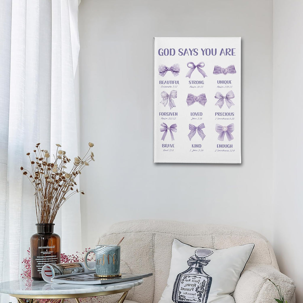 PHAMTE Christian Purple Bow Wall Art - Inspirational Bible Verse Canvas 16x24 for Girly Room Decor