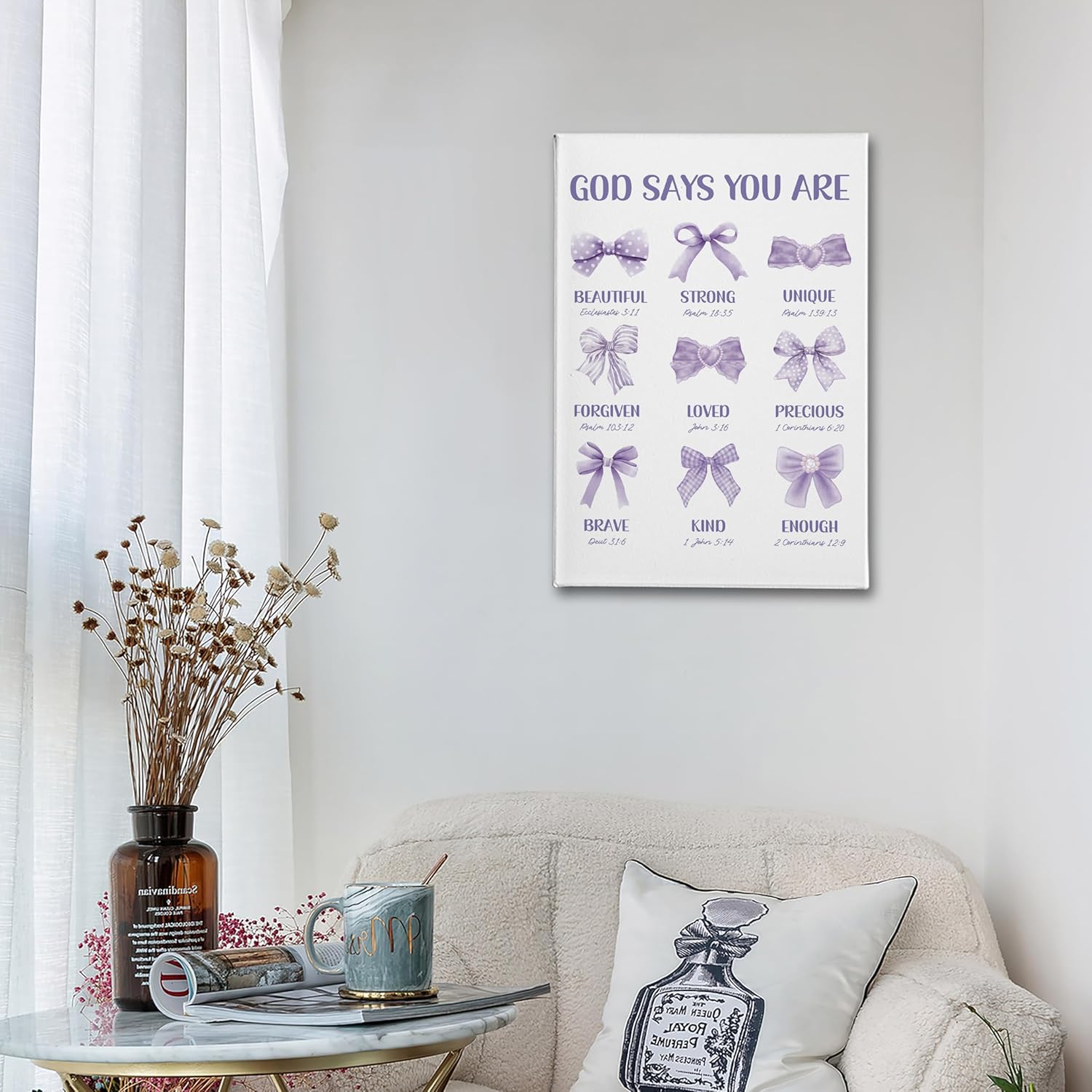 PHAMTE Christian Purple Bow Wall Art - Inspirational Bible Verse Canvas 16x24 for Girly Room Decor