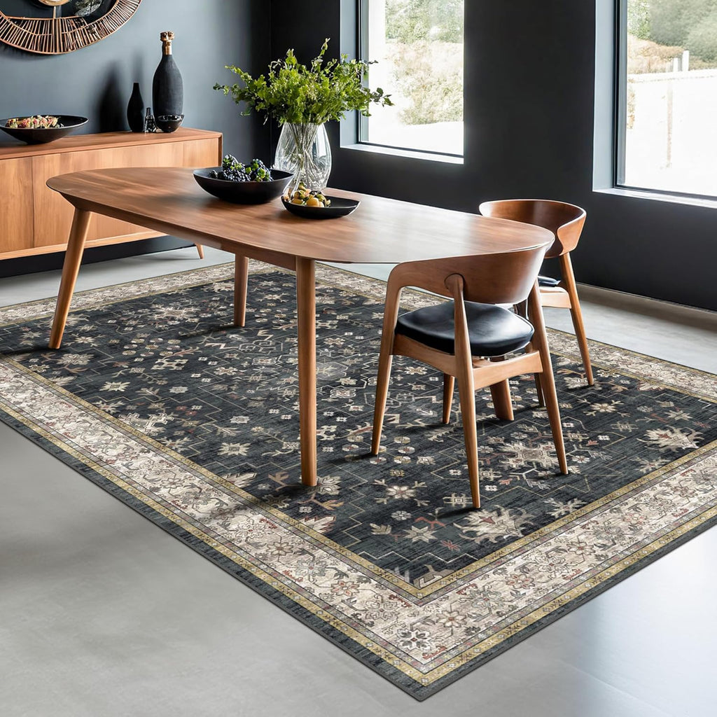Boho Area Rug by [Brand Name] - Washable 6x9 Black Dining Room Rug | Non-Slip Low Pile for Farmhouse Decor