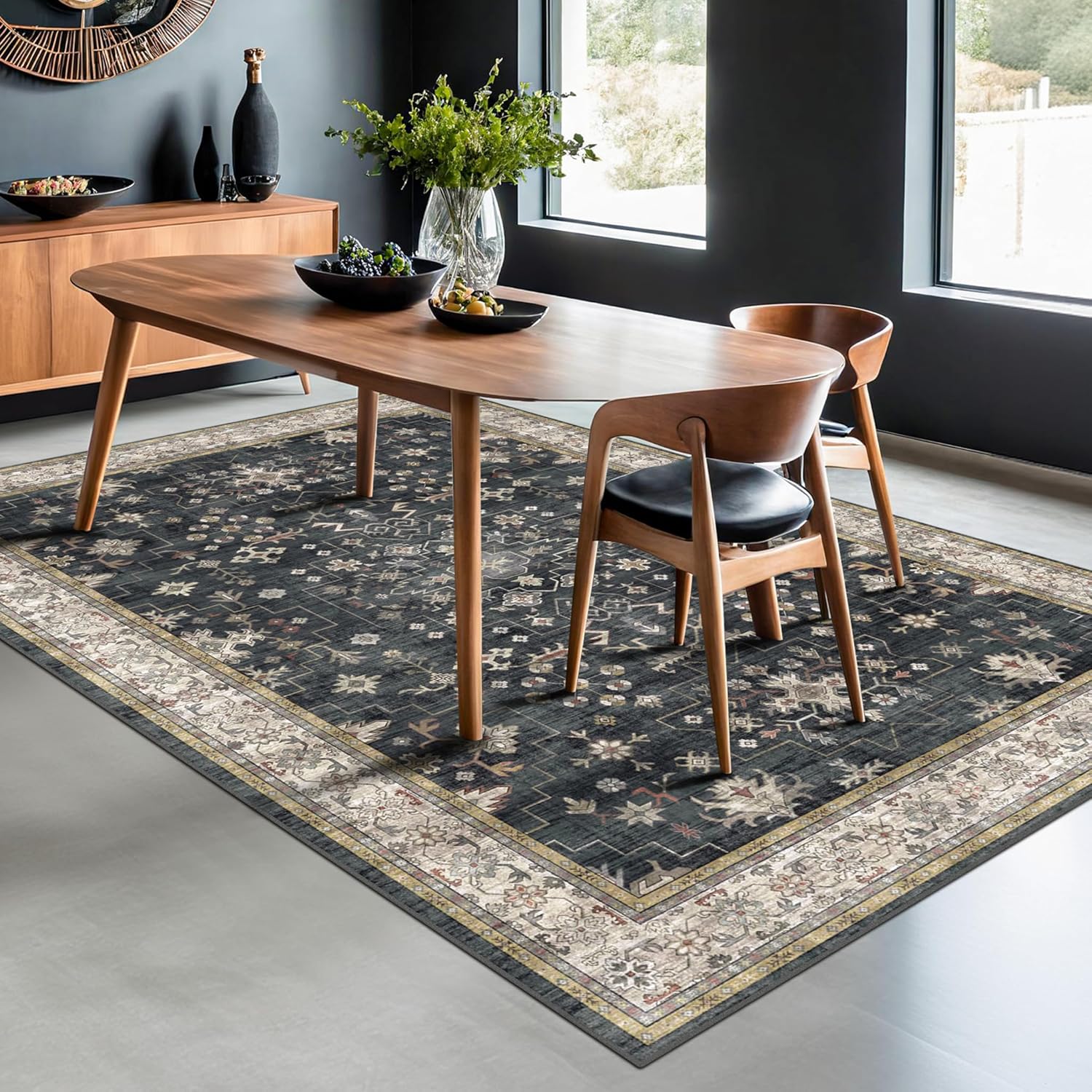Boho Area Rug by [Brand Name] - Washable 6x9 Black Dining Room Rug | Non-Slip Low Pile for Farmhouse Decor