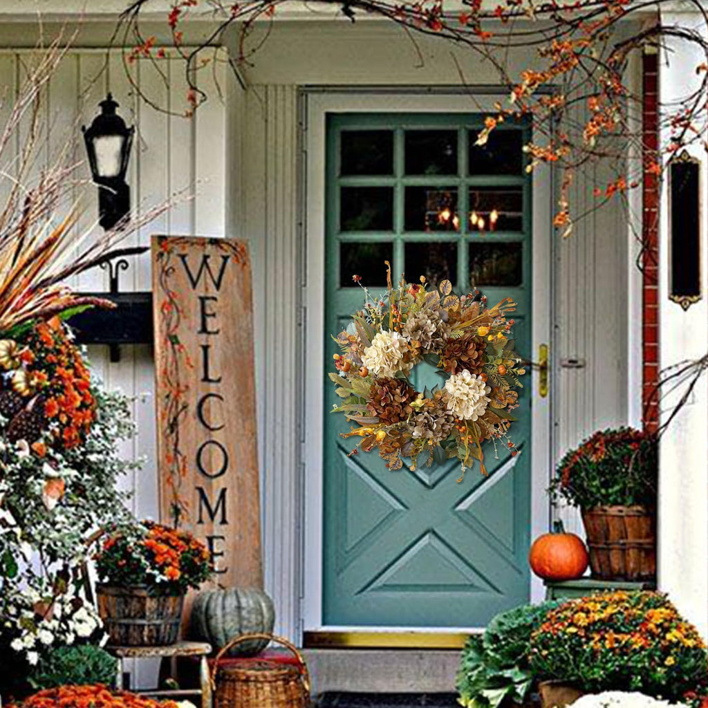WANNA-CUL 24 Inch Fall Wreath - Hydrangea & Pumpkins | Perfect Autumn Decor for Front Door
