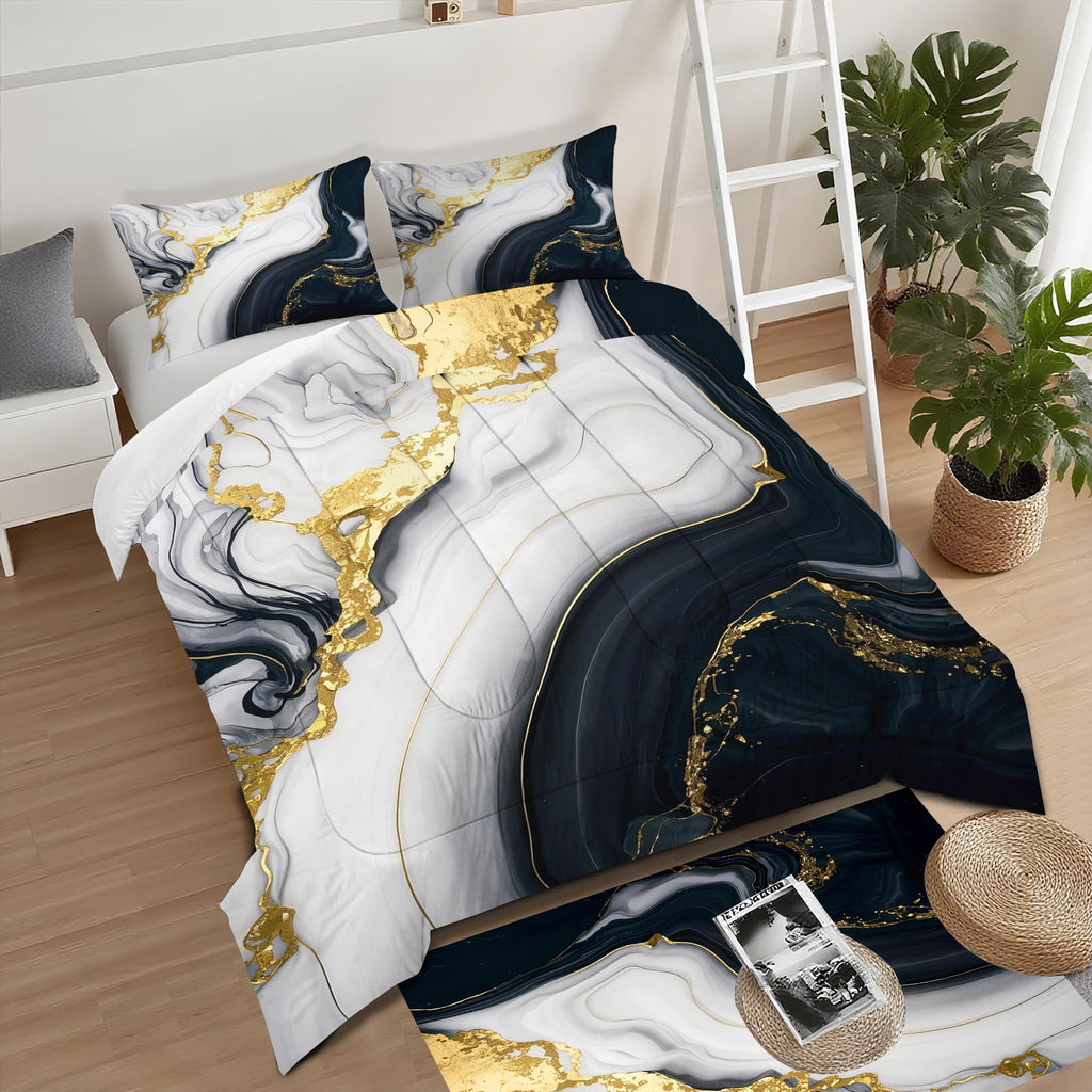 VTKON Abstract Marble Bedding Set for Kids Women Men Queen Size 3D Marble Comforter Set Black White Gold Quilt Set for All Age Marbling Quilt Set with 1 Comforter + 2 Pillowcases