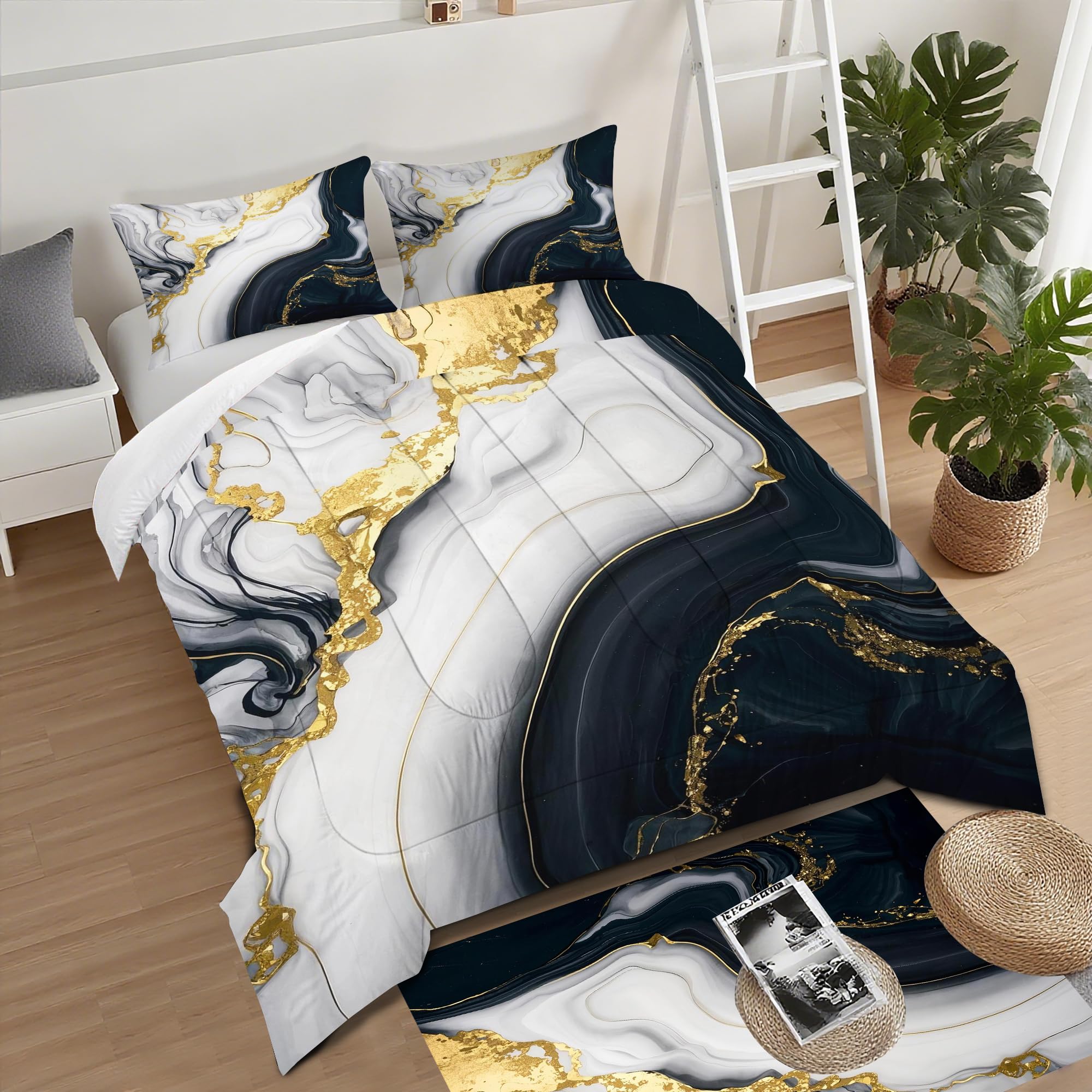 VTKON Abstract Marble Bedding Set for Kids Women Men Queen Size 3D Marble Comforter Set Black White Gold Quilt Set for All Age Marbling Quilt Set with 1 Comforter + 2 Pillowcases