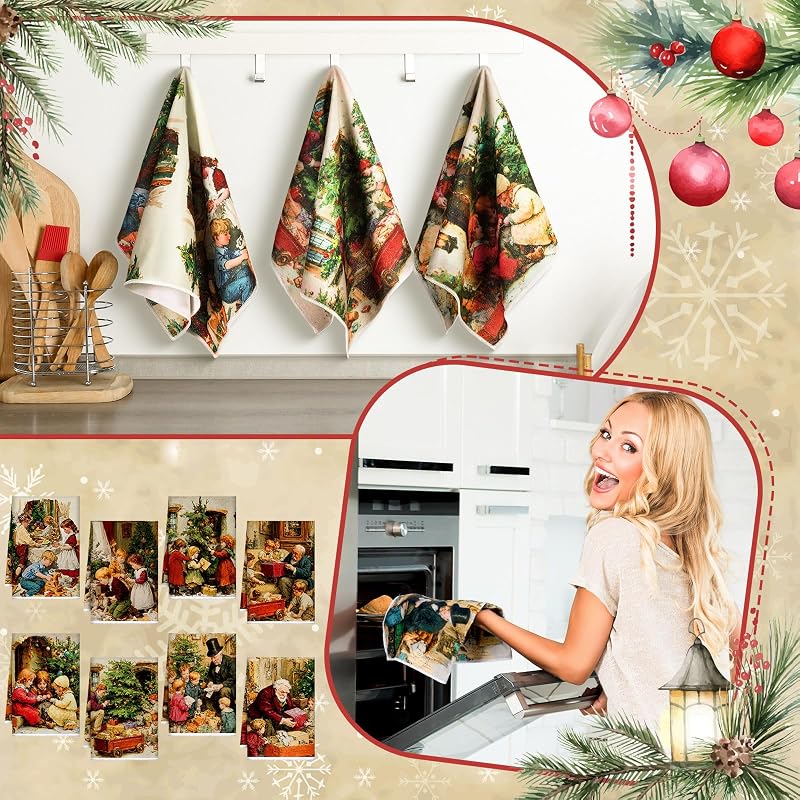 Fourluoo 8 Pcs Christmas Retro Kitchen Towels Set - Vintage Rustic Dish Towels (Variation: Retro)